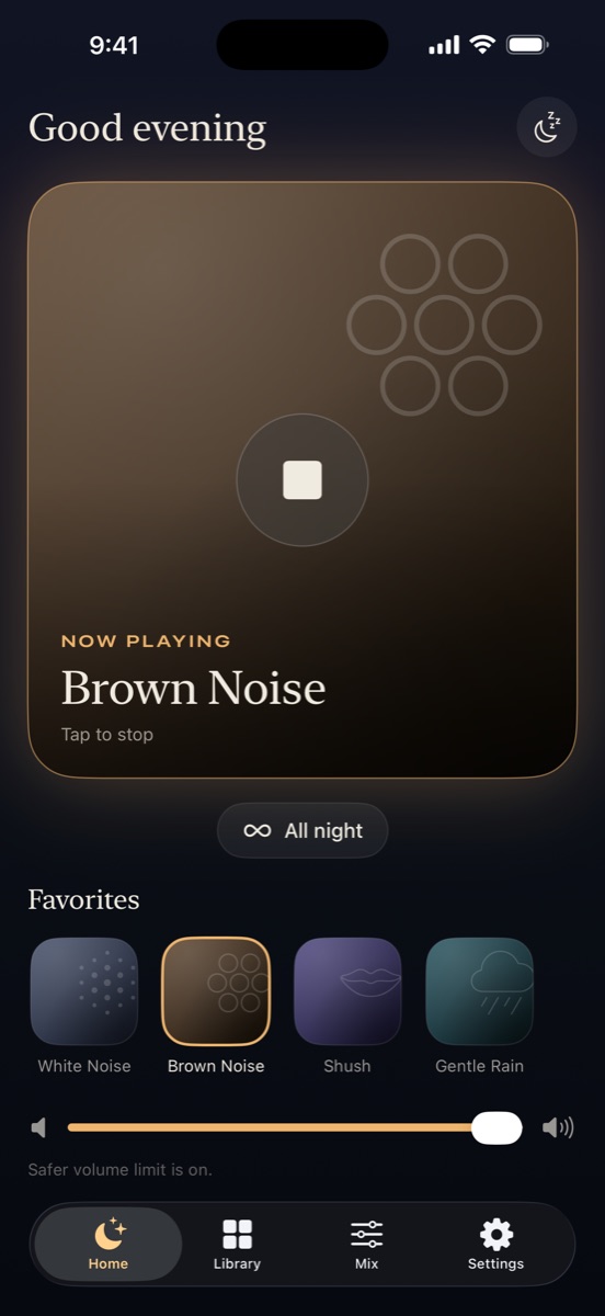Home screen with the big play button playing Brown Noise