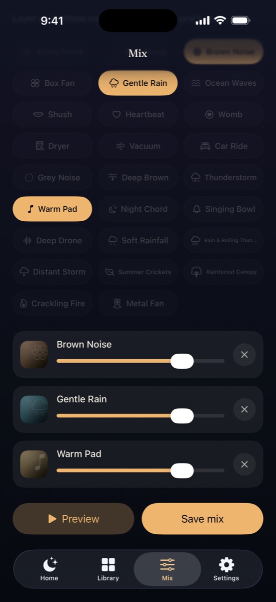 Mix screen layering three sounds with separate volume sliders